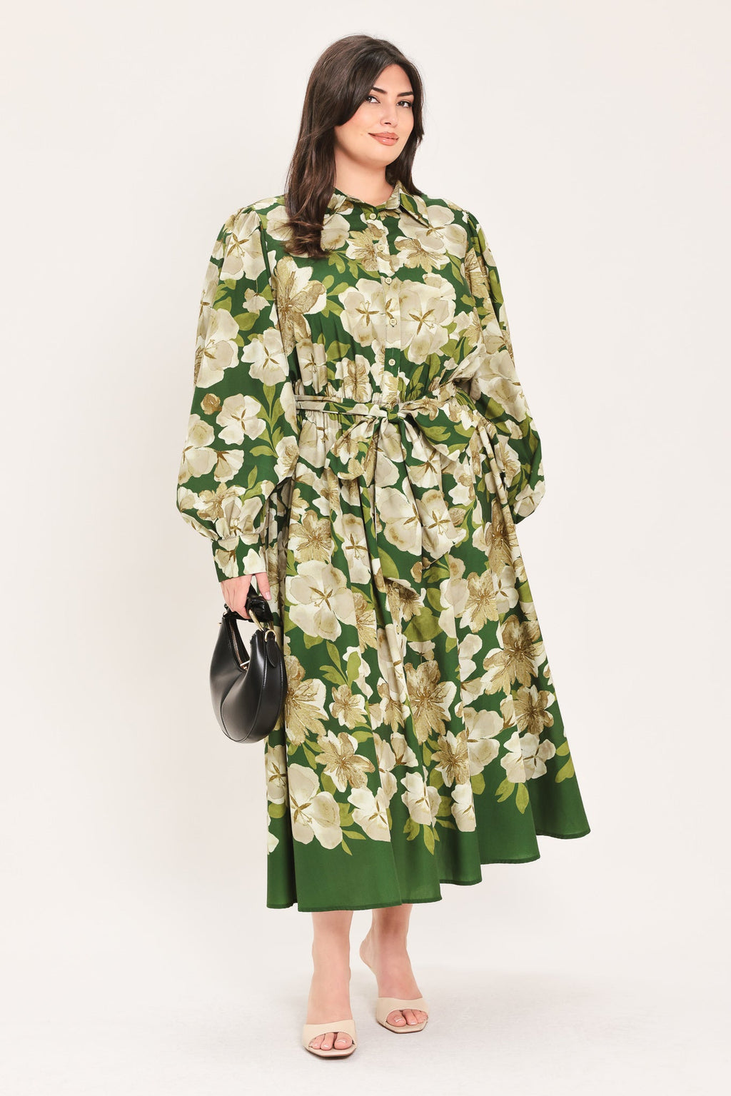 Evergreen Camellia Dream Midi Shirt Dress