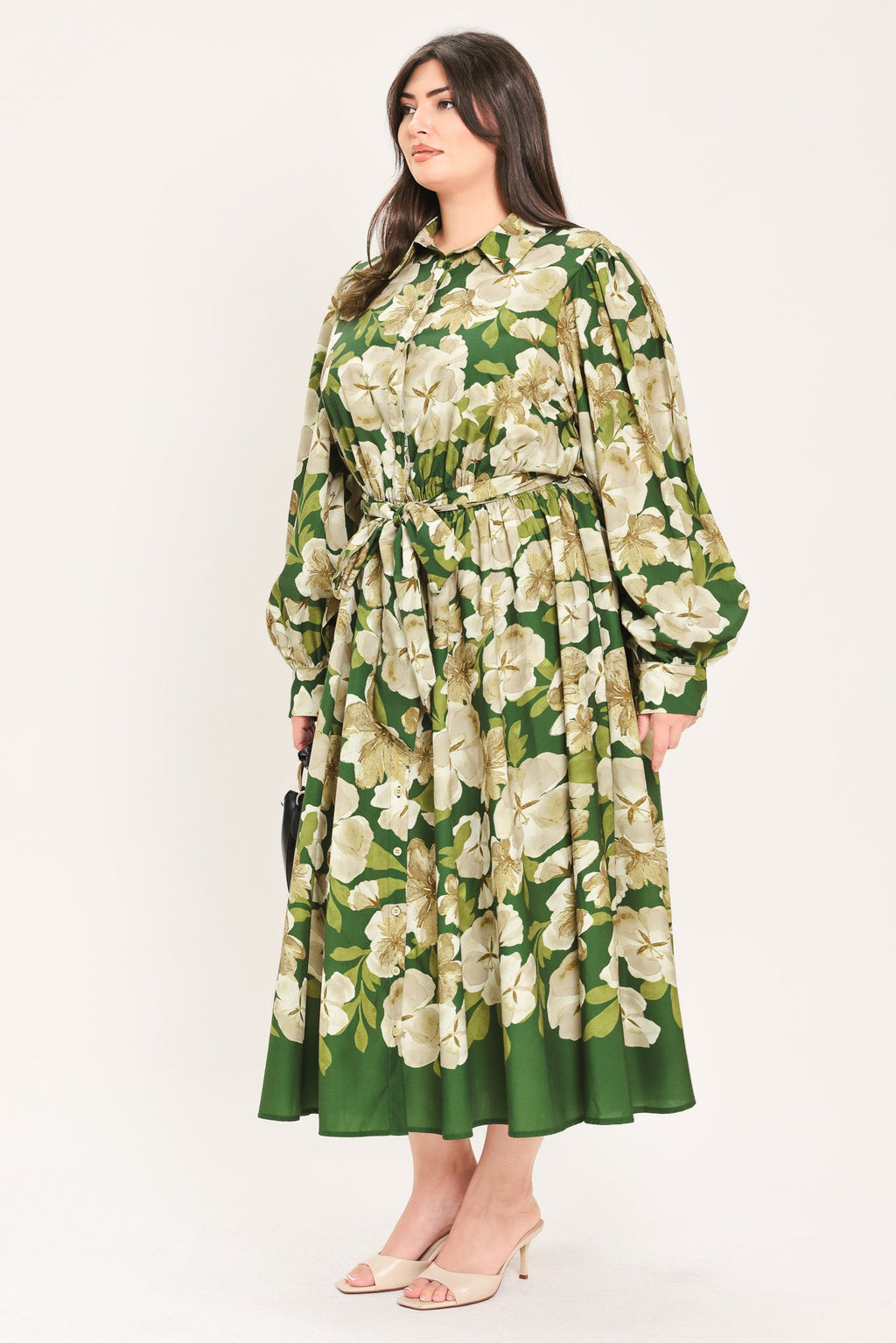 Evergreen Camellia Dream Midi Shirt Dress