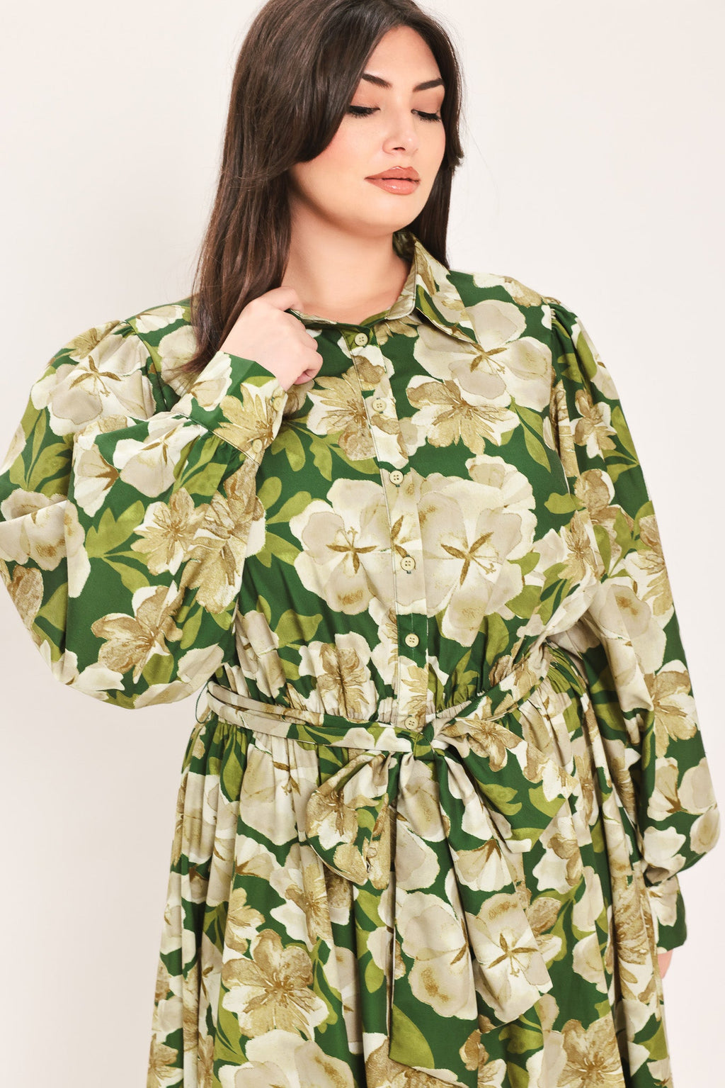 Evergreen Camellia Dream Midi Shirt Dress