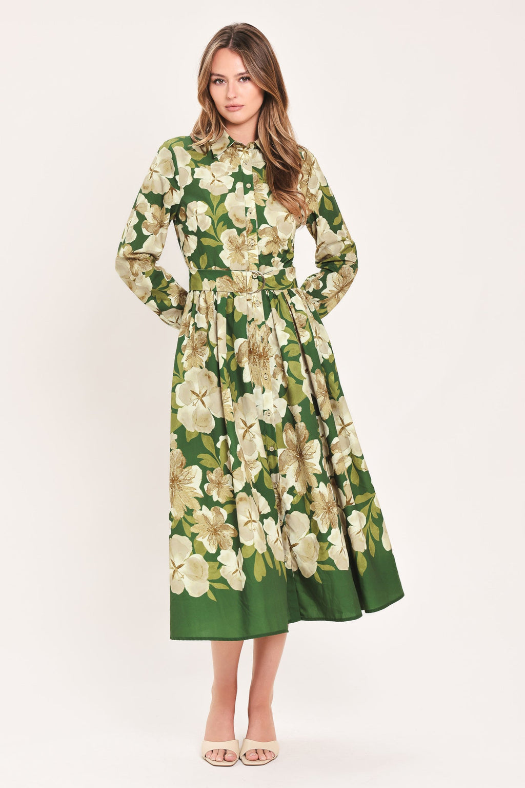 Evergreen Camellia Dream Midi Shirt Dress