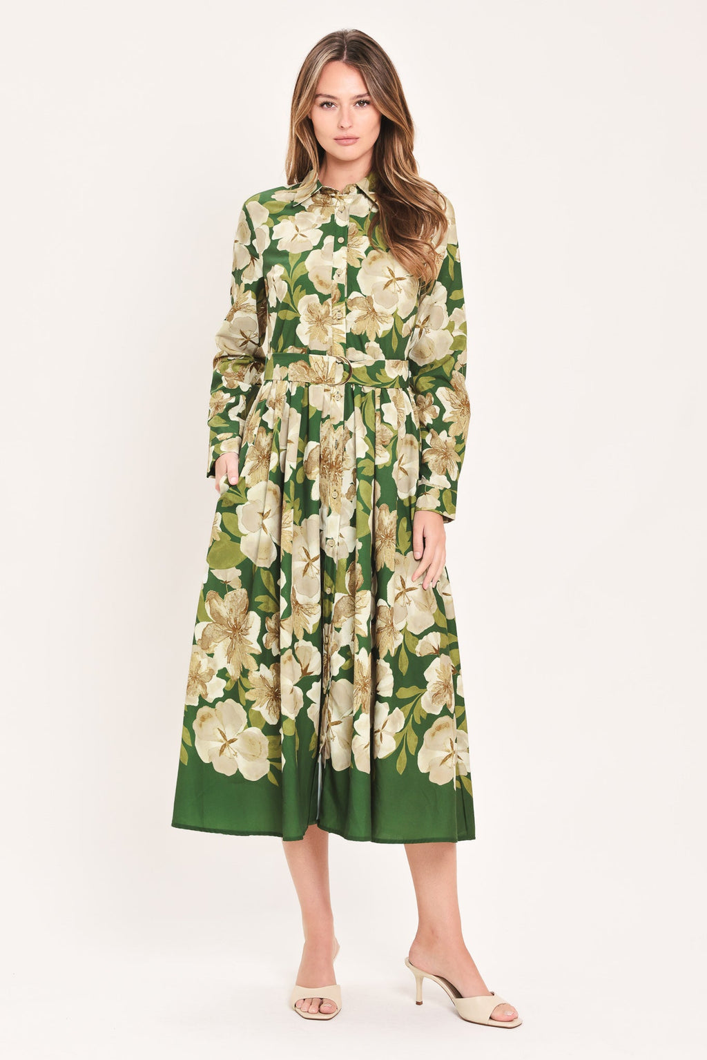 Evergreen Camellia Dream Midi Shirt Dress
