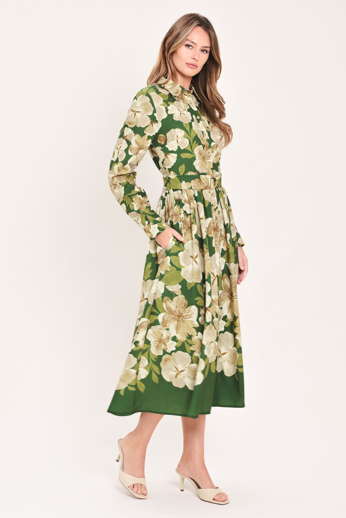 Evergreen Camellia Dream Midi Shirt Dress