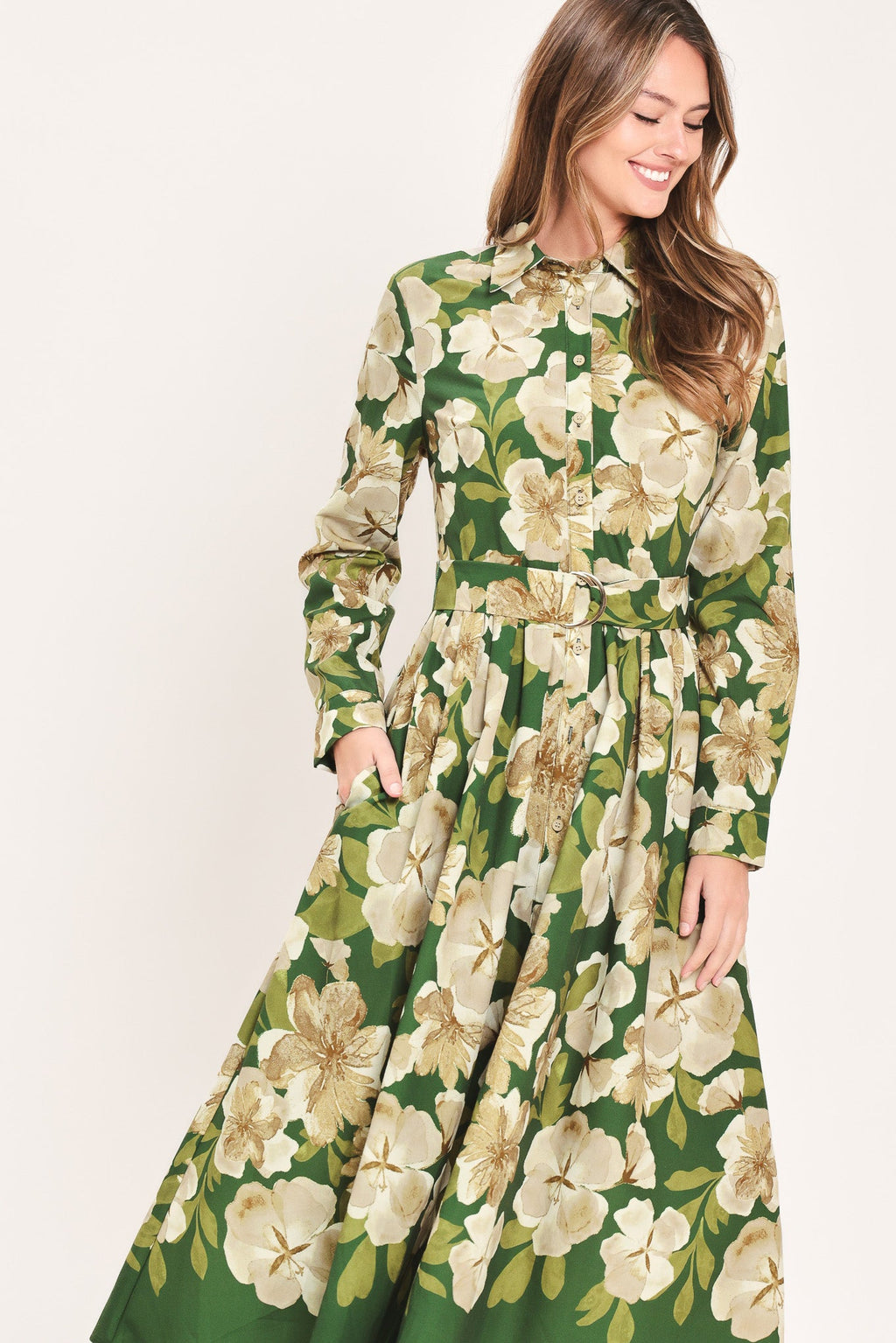 Evergreen Camellia Dream Midi Shirt Dress