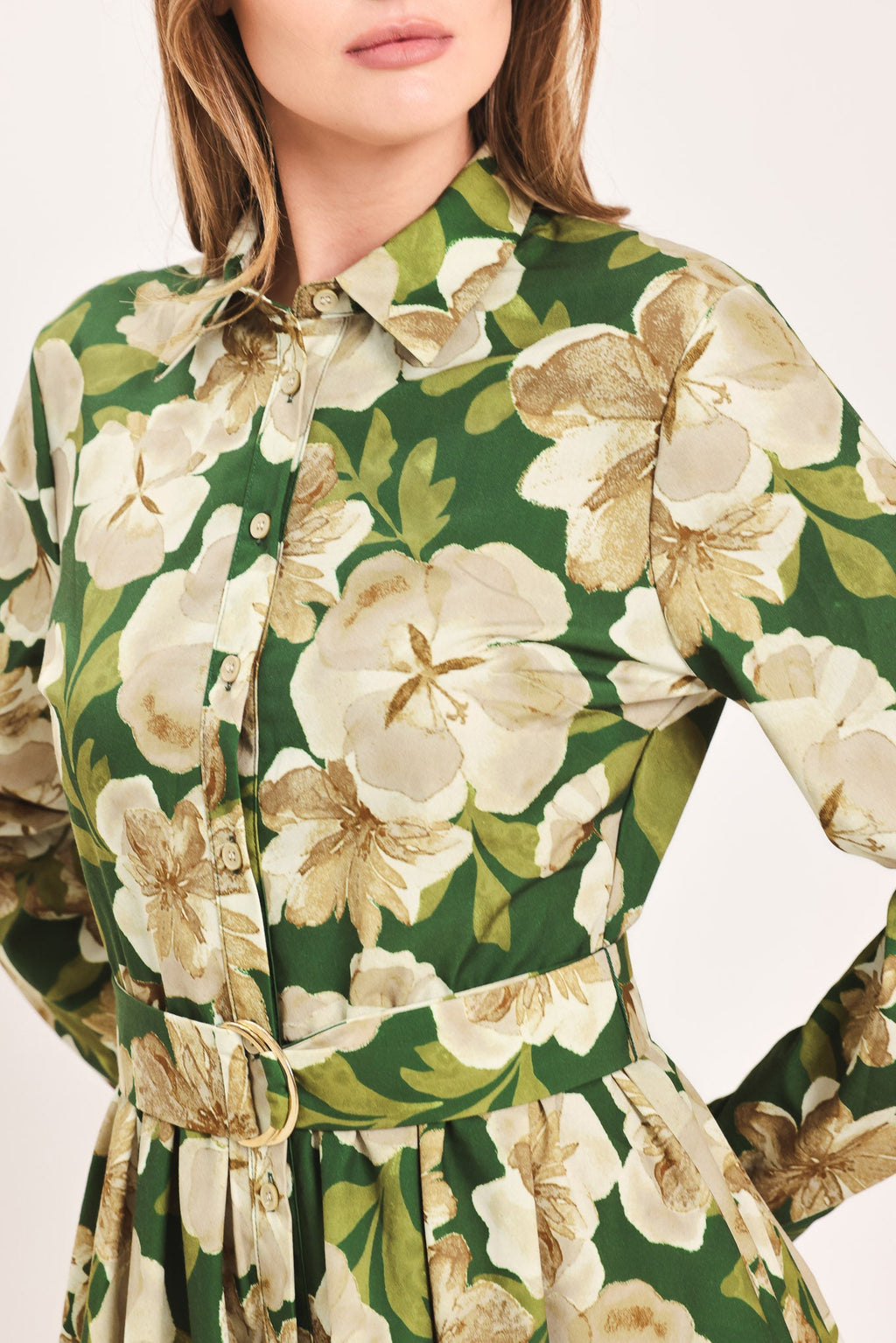 Evergreen Camellia Dream Midi Shirt Dress