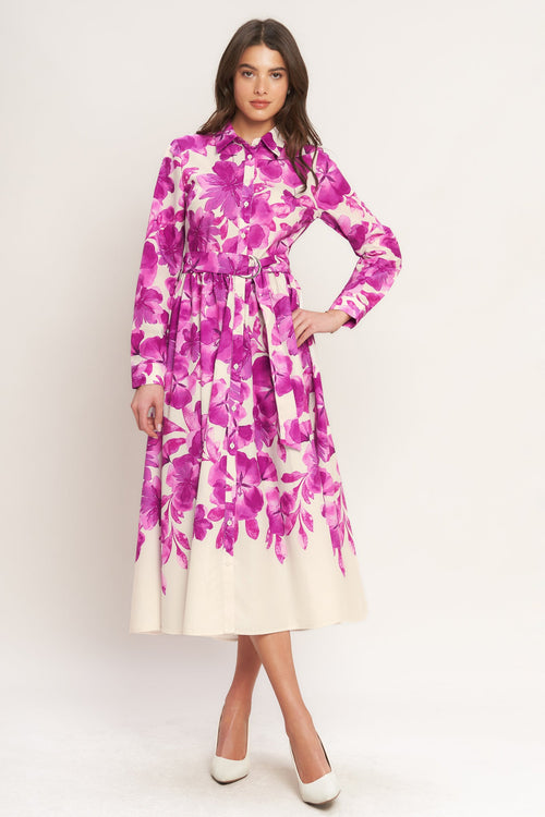 Berry Petal Woven Midi Shirt Dress - Floral Print Button-Down 