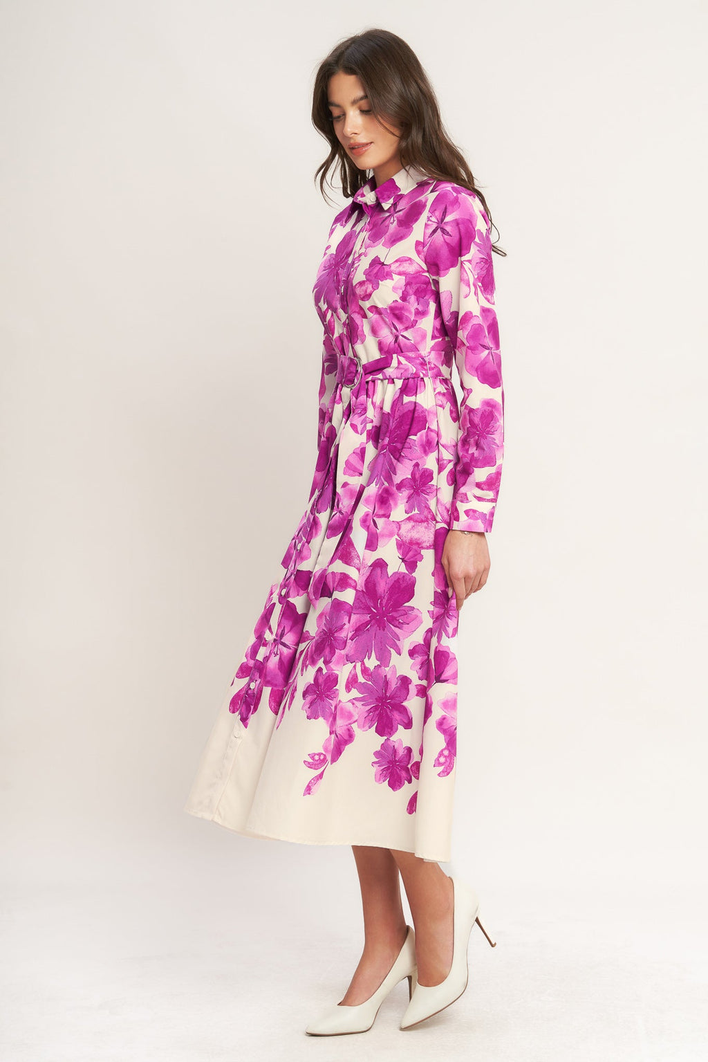 Berry Petal Woven Midi Shirt Dress - Floral Print Button-Down 