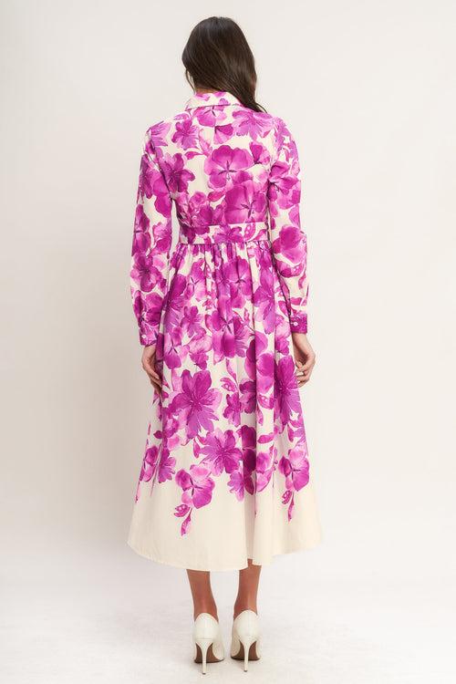 Berry Petal Woven Midi Shirt Dress - Floral Print Button-Down 