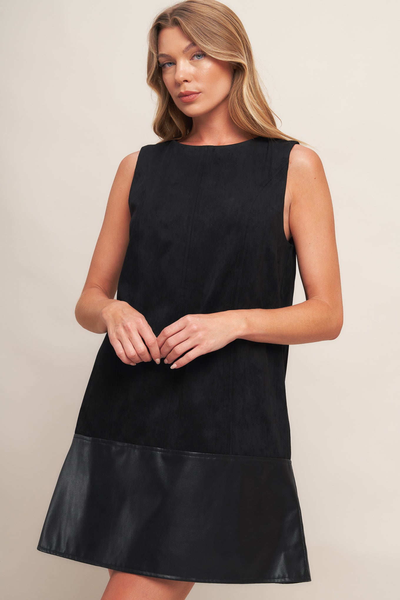 CITY SLEEK  FAUX SUEDE AND LEATHER SHIFT DRESS
