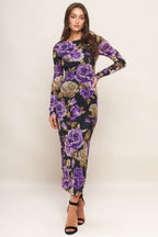 A printed power mesh midi dress featuring body contouring, round neckline, long sleeve and back neck button closure