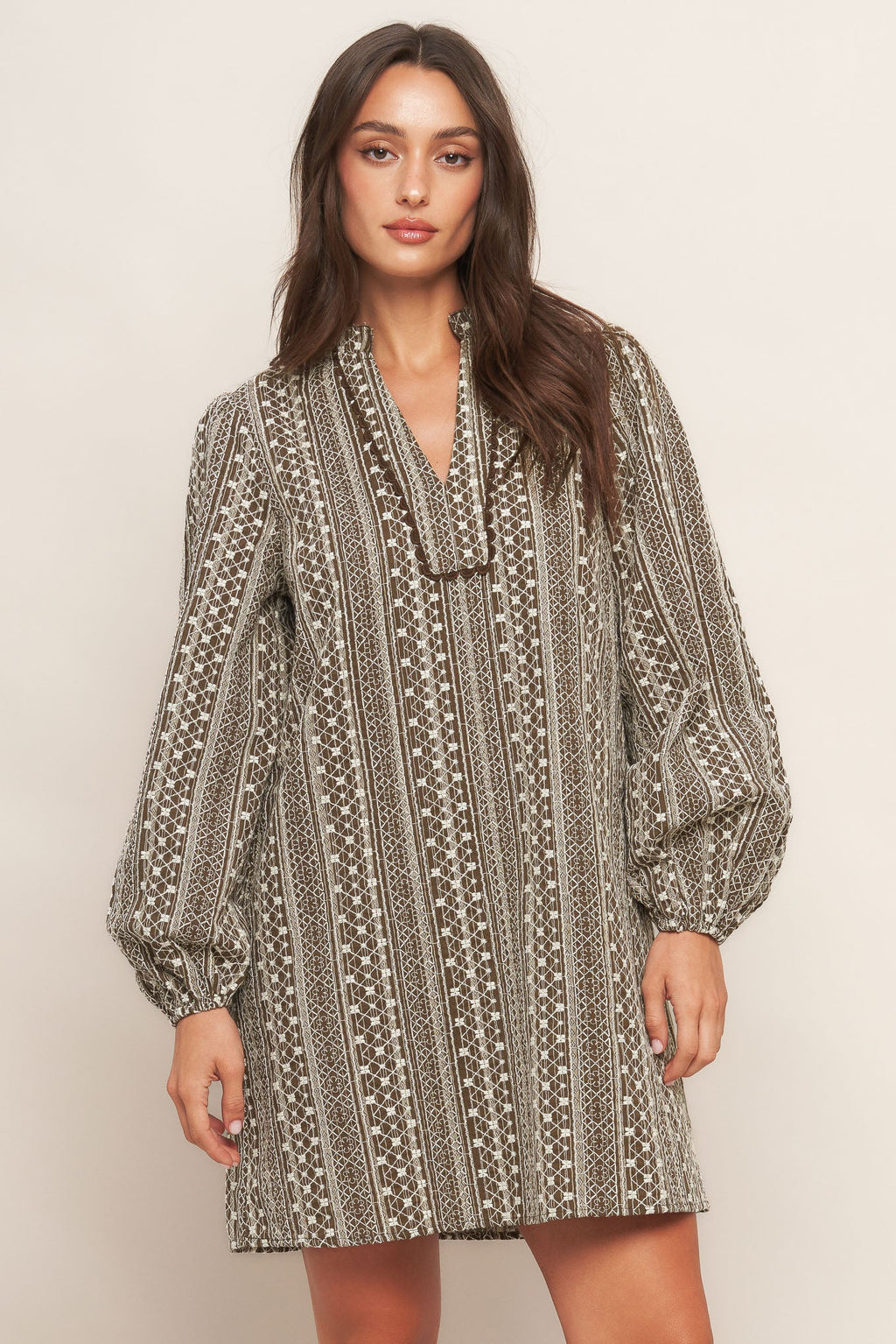 A textured woven mini dress featuring ruffled high neck with V front neckline and long sleeve