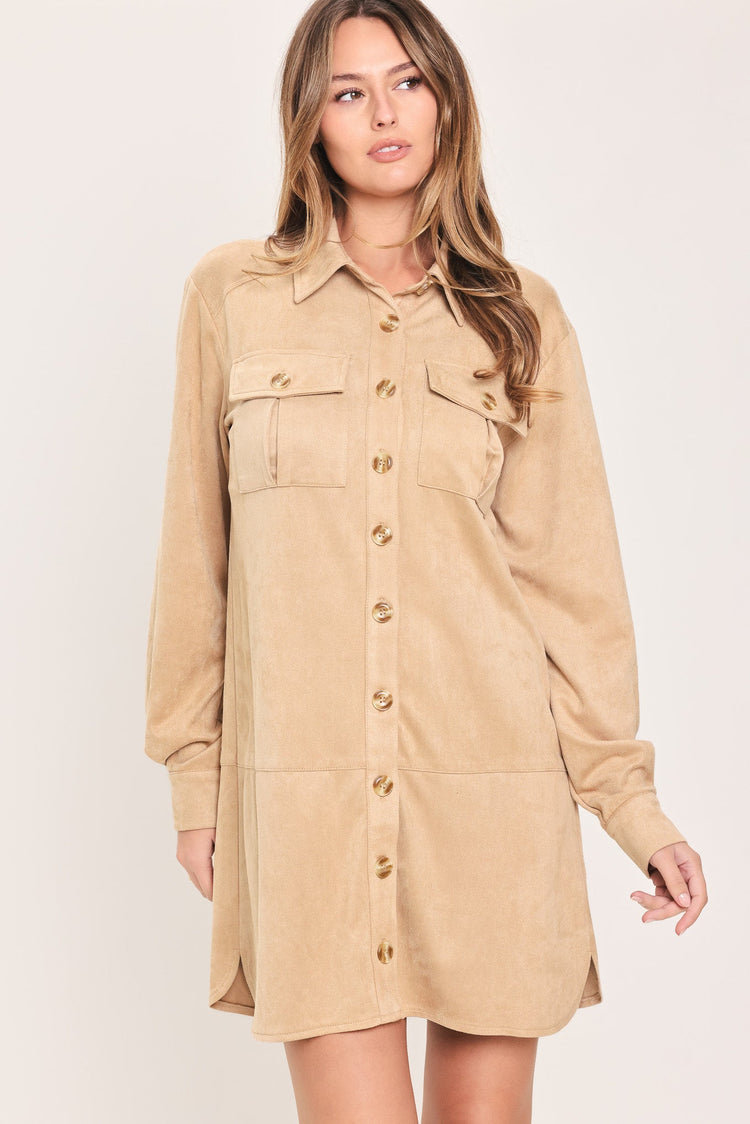 Sand Safari Faux Suede Belted Shirt Mini Dress