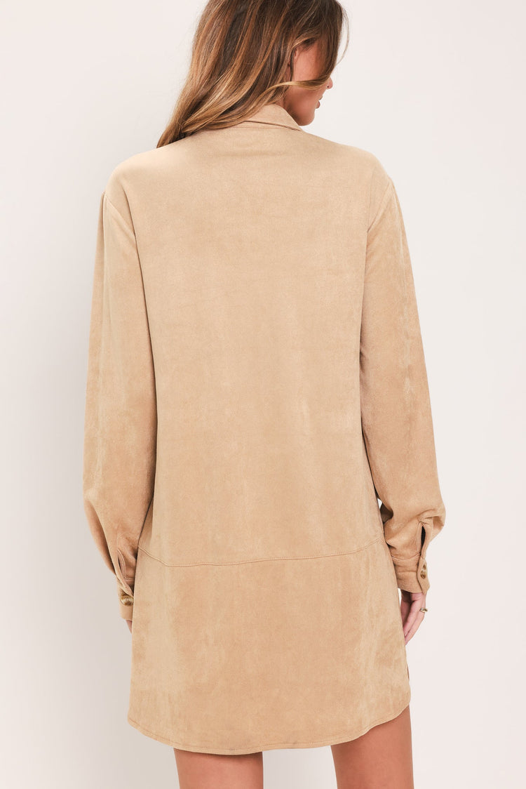 Sand Safari Faux Suede Belted Shirt Mini Dress
