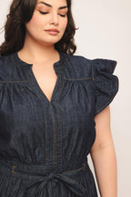 POWER DENIM GODDESS DARK INDIGO MIDI DRESS