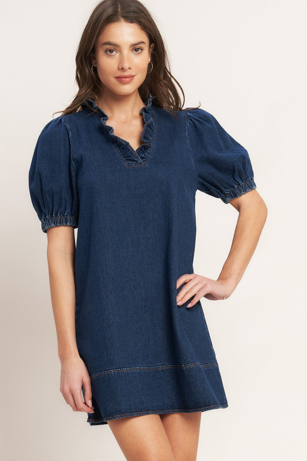 MODERN FOLK TOUCH DENIM MINI DRESS