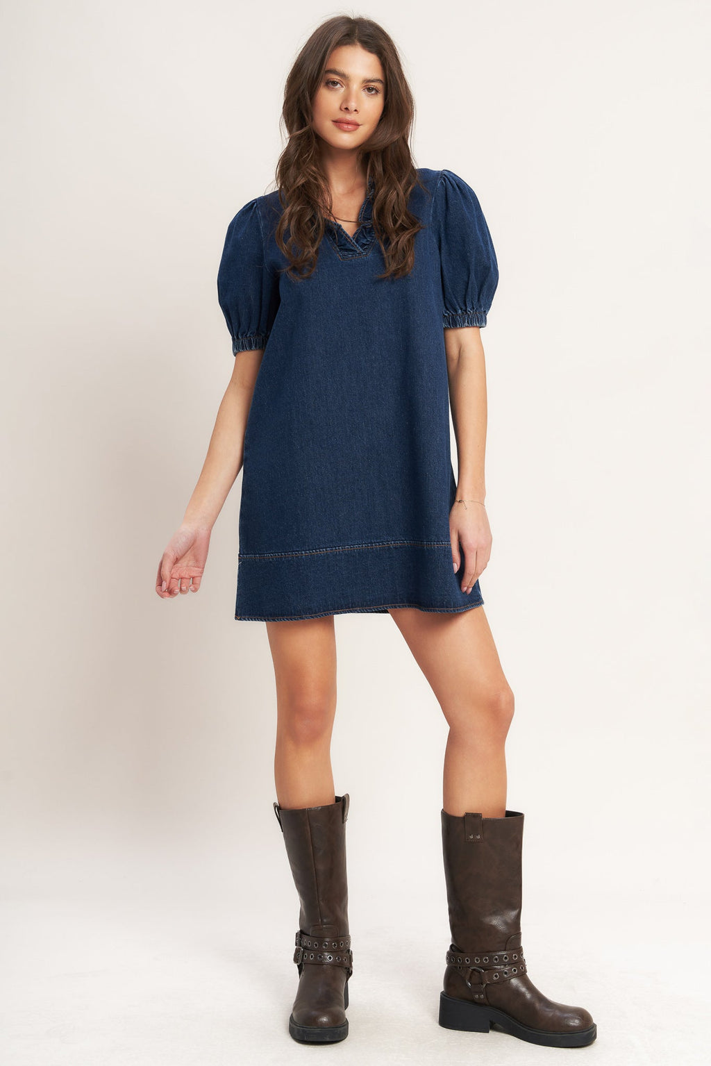 MODERN FOLK TOUCH DENIM MINI DRESS