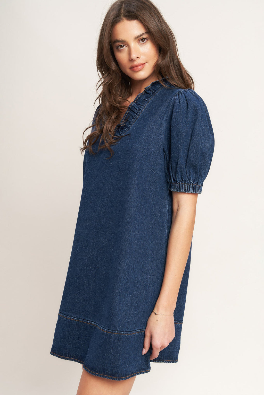 MODERN FOLK TOUCH DENIM MINI DRESS