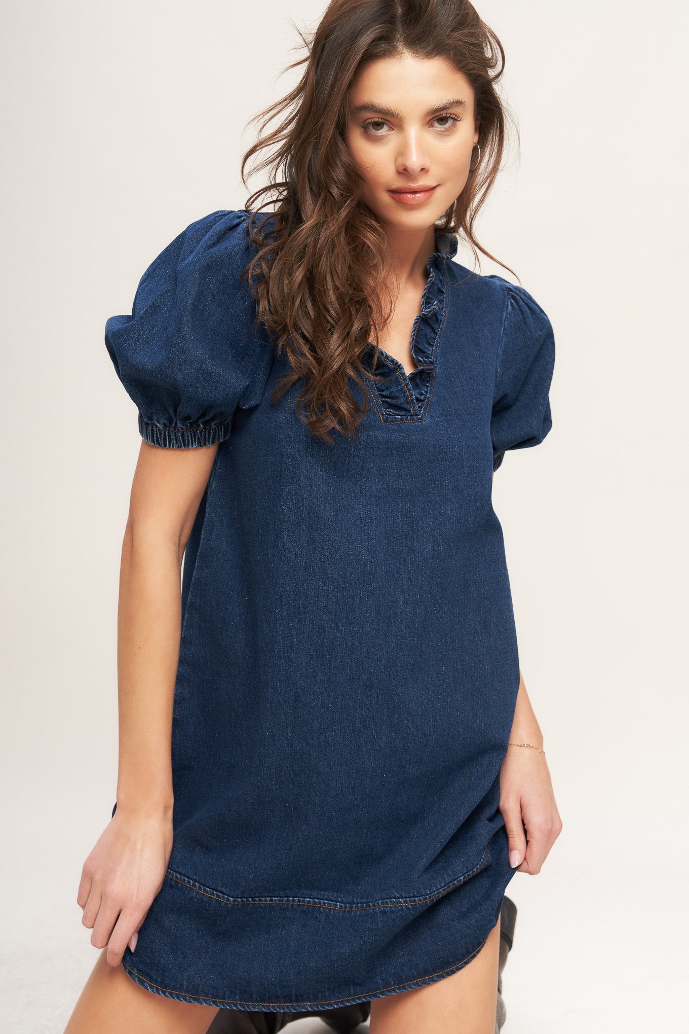 MODERN FOLK TOUCH DENIM MINI DRESS