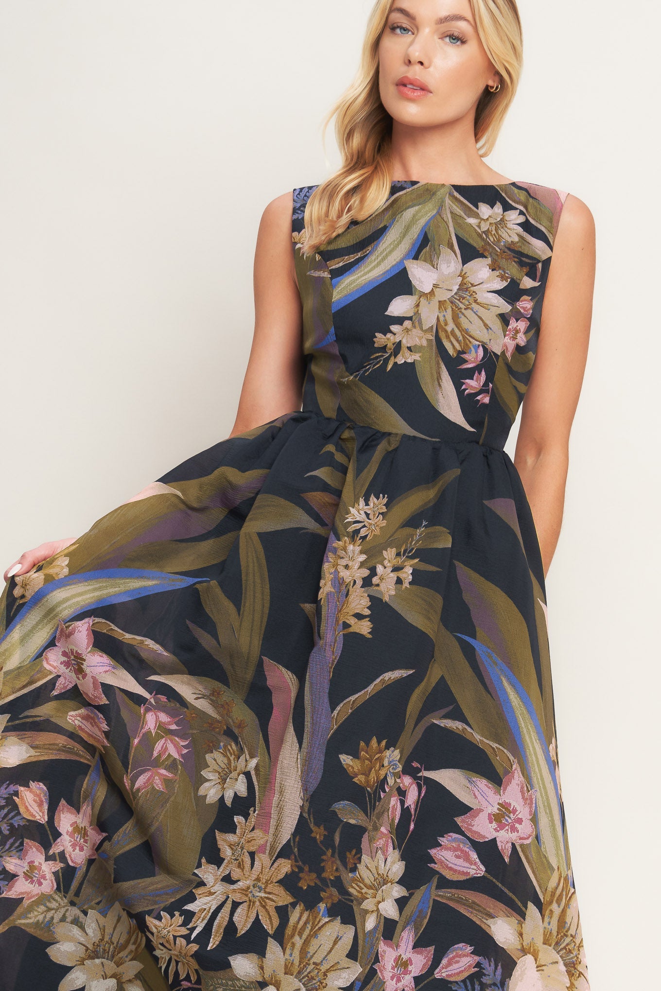 FOLIAGE WHISPER WOVEN MIDI DRESS