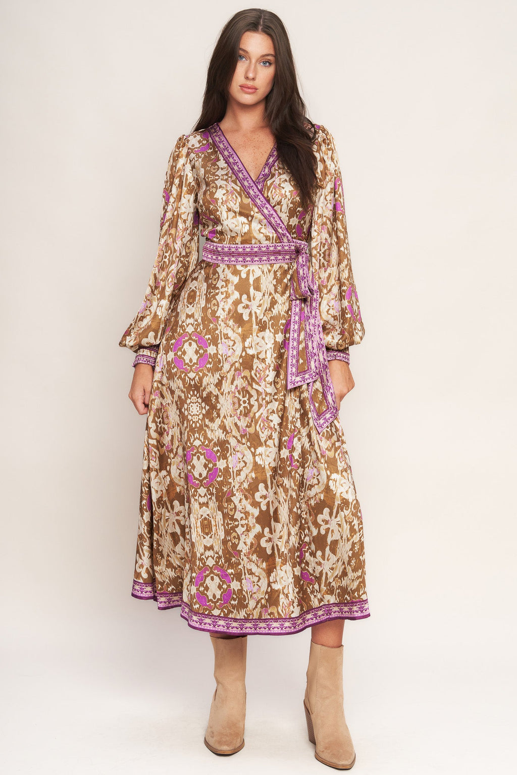 IKAT BLOOM WOVEN MIDI TRUE WRAP DRESS