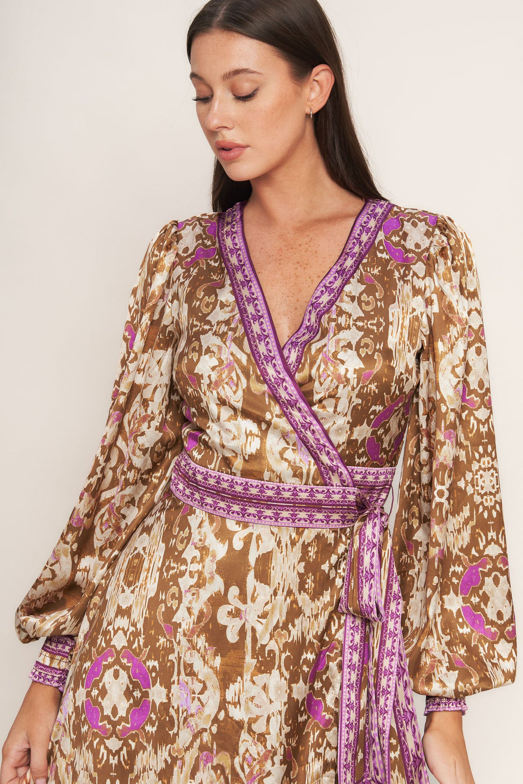 IKAT BLOOM WOVEN MIDI TRUE WRAP DRESS