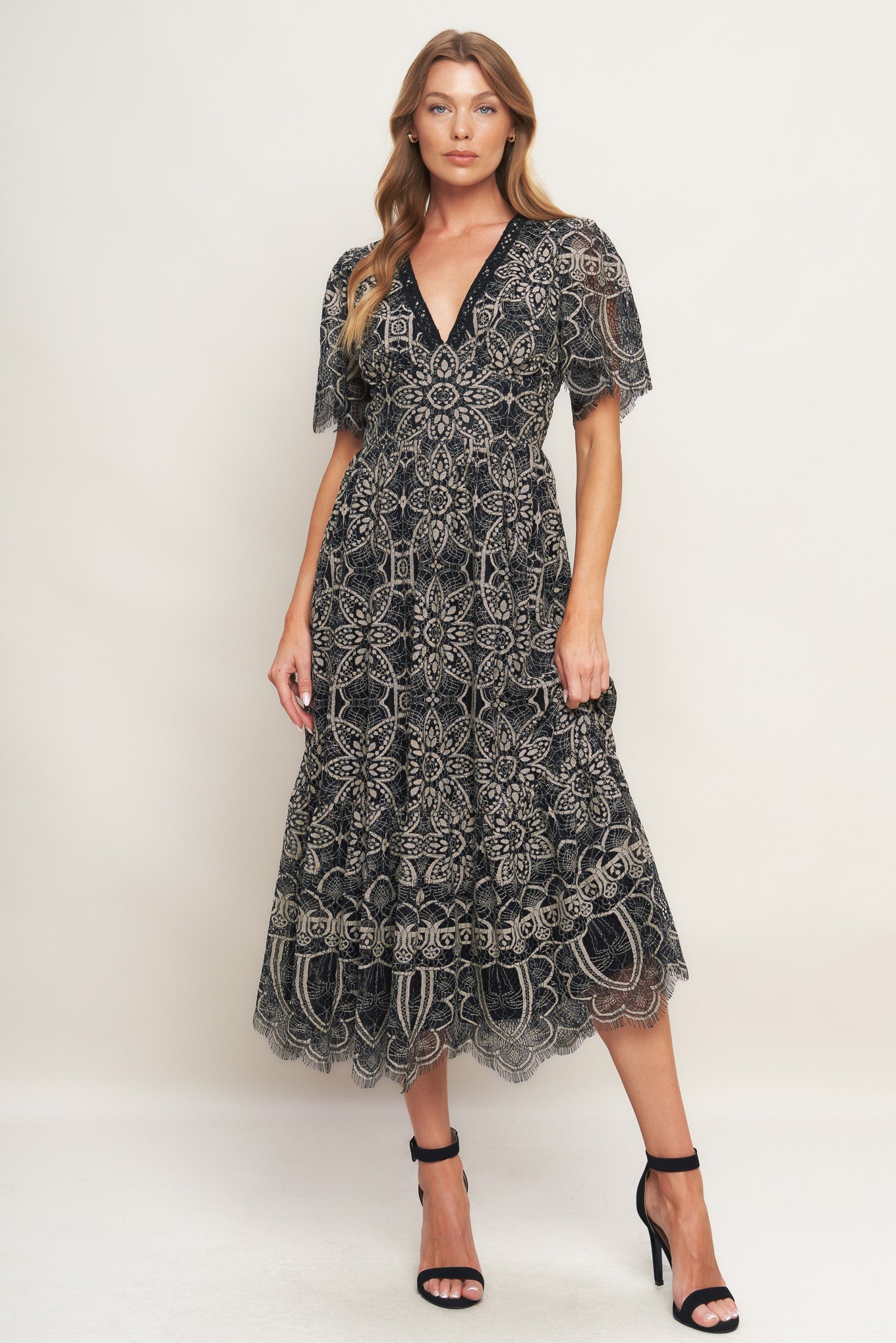 A woven lace midi dress featuring V neckline with lace trim, short sleeve, waist yoke and back zipper closure.