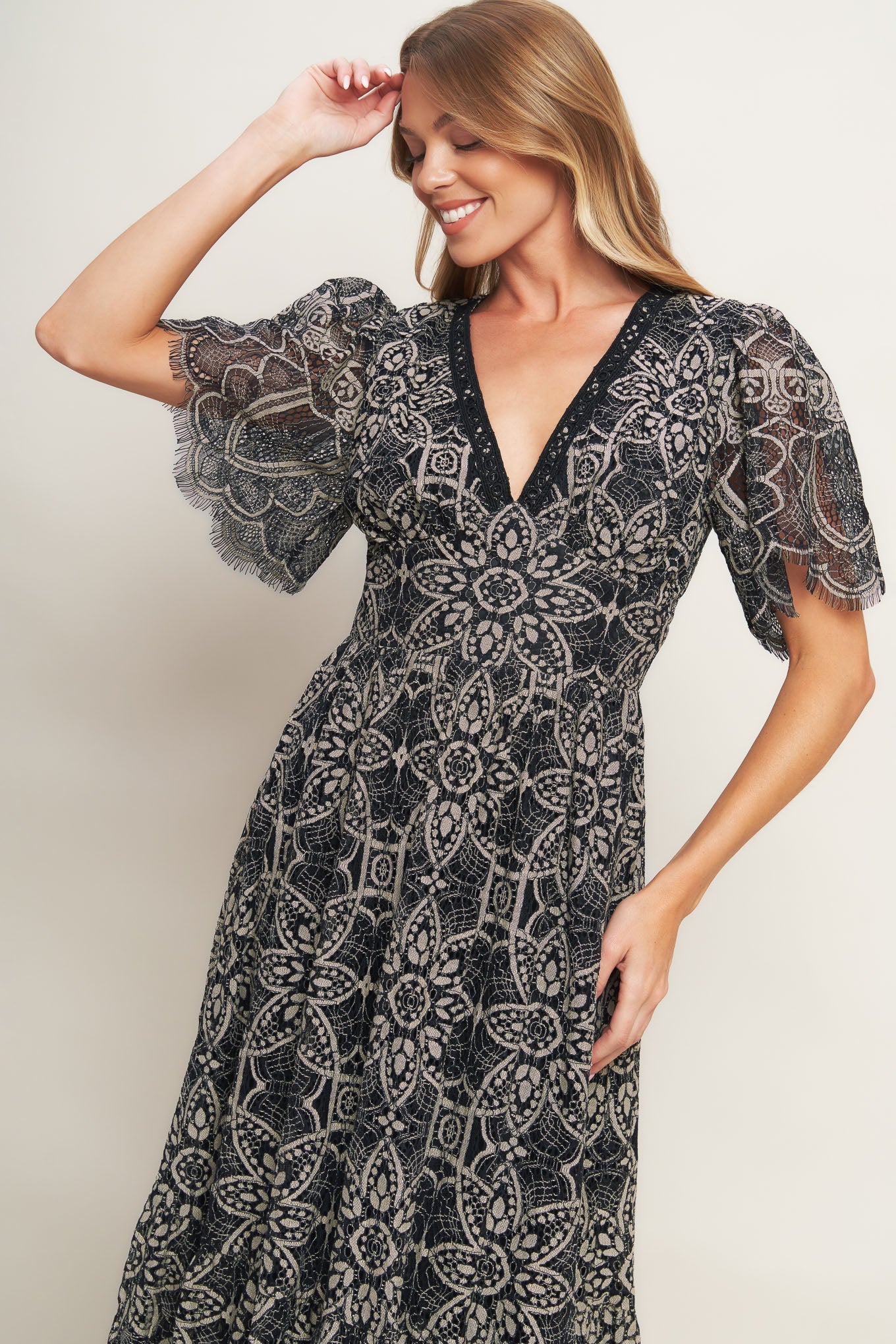 A woven lace midi dress featuring V neckline with lace trim, short sleeve, waist yoke and back zipper closure.
