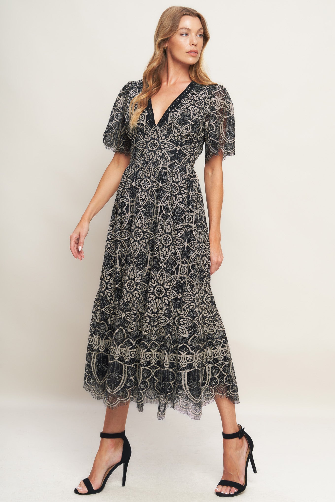 A woven lace midi dress featuring V neckline with lace trim, short sleeve, waist yoke and back zipper closure.