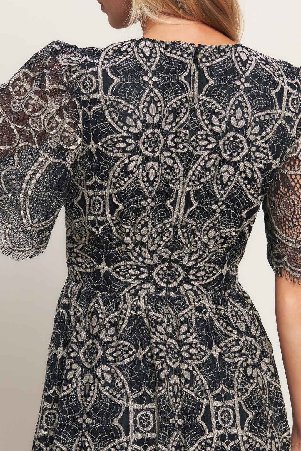 A woven lace midi dress featuring V neckline with lace trim, short sleeve, waist yoke and back zipper closure.