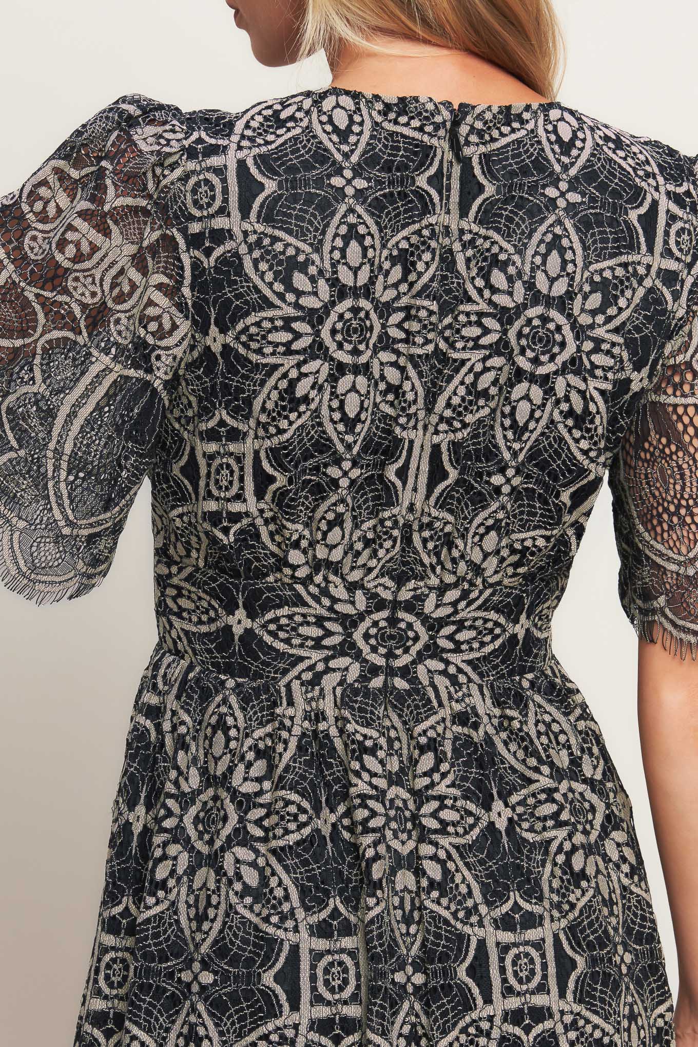 A woven lace midi dress featuring V neckline with lace trim, short sleeve, waist yoke and back zipper closure.