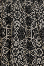 A woven lace midi dress featuring V neckline with lace trim, short sleeve, waist yoke and back zipper closure.