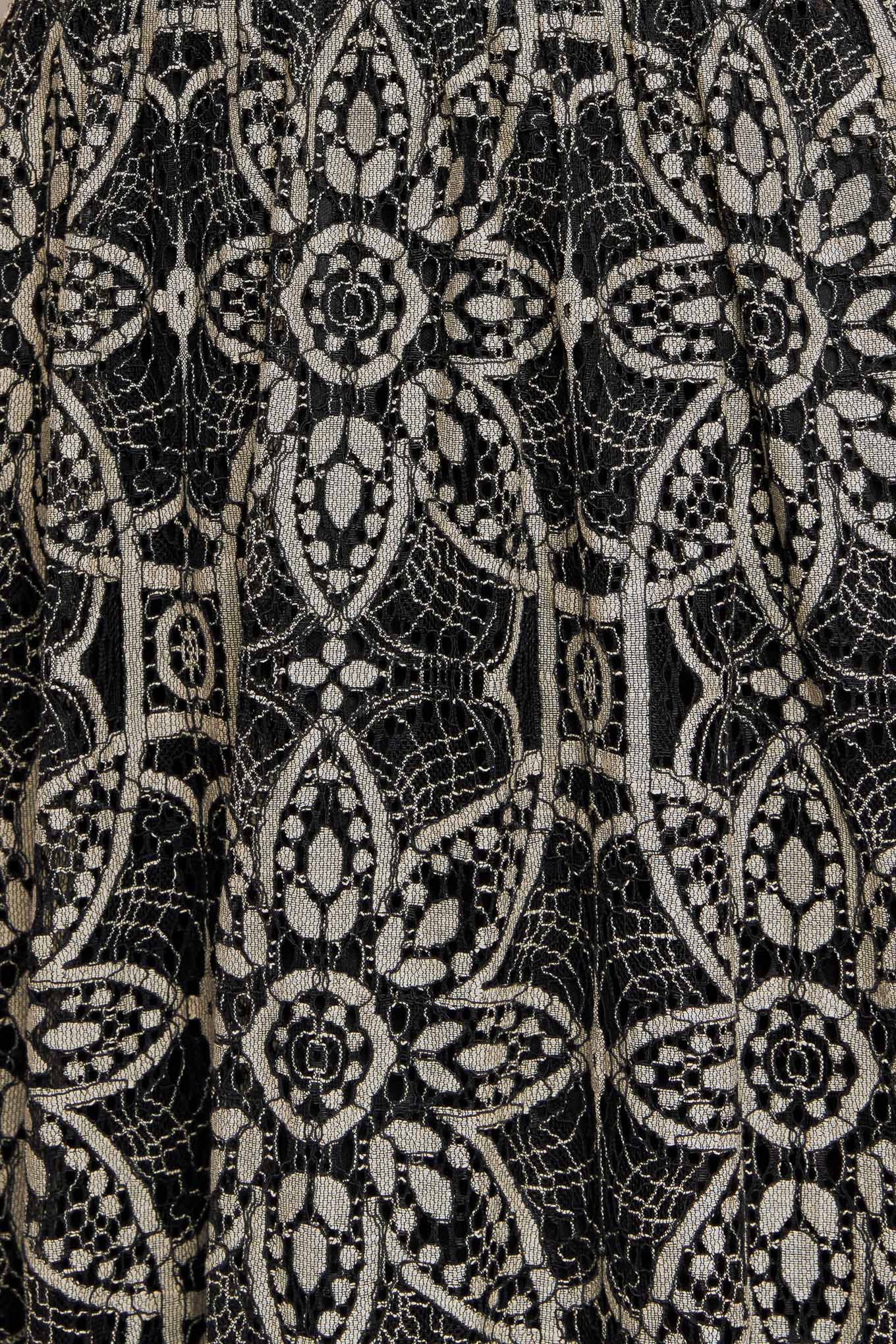 A woven lace midi dress featuring V neckline with lace trim, short sleeve, waist yoke and back zipper closure.