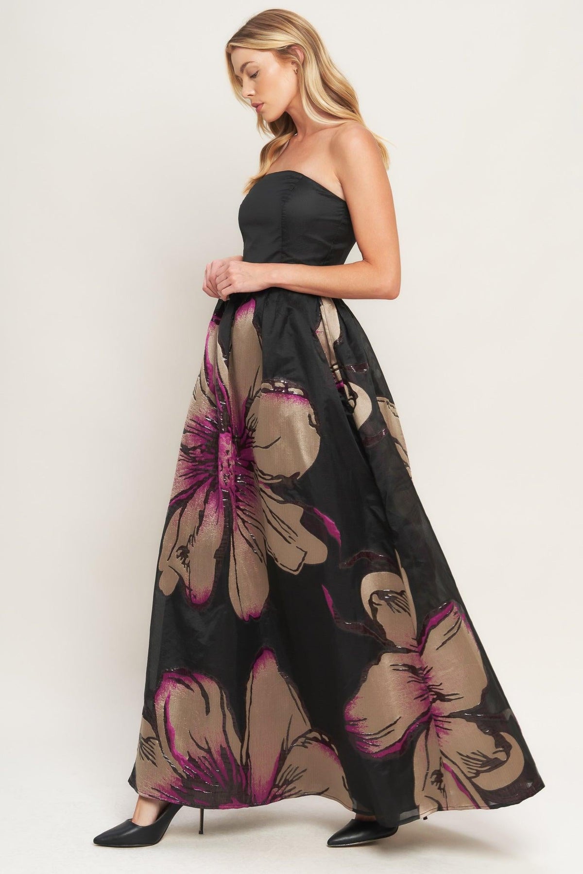 Gilded Flower Strapless Cotton Maxi Dress