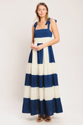 blue/off white striped maxi dress with shoulder ties, smocked bodice and tiered skirt