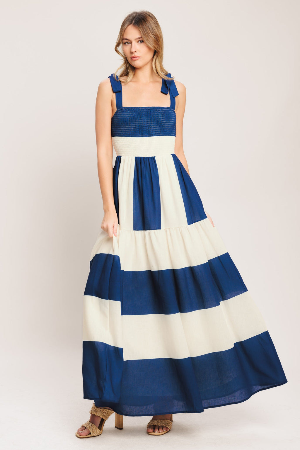 blue/off white striped maxi dress with shoulder ties, smocked bodice and tiered skirt