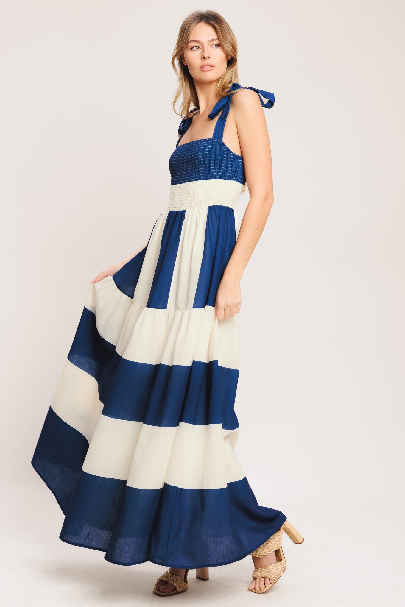 blue/off white striped maxi dress with shoulder ties, smocked bodice and tiered skirt