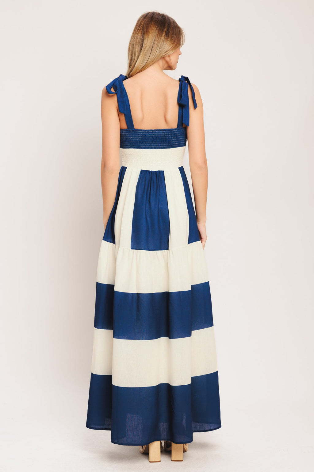 blue/off white striped maxi dress with shoulder ties, smocked bodice and tiered skirt