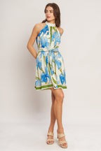 AZURE BLOOM HALTER WOVEN MINI DRESS