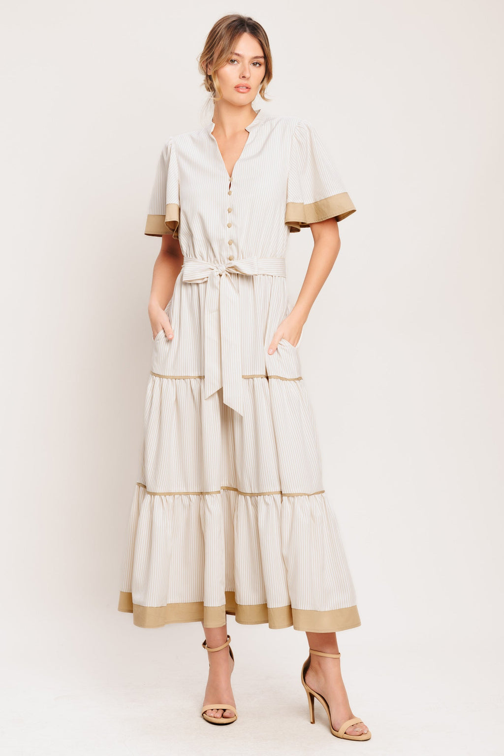 PARIS MORNING TAUPE WOVEN MIDI DRESS