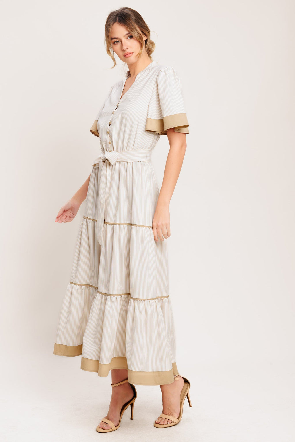 PARIS MORNING TAUPE WOVEN MIDI DRESS