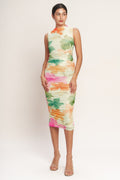 A colorful printed power mesh midi dress featuring tubular neckline, sleeveless, shirred side, body contouring and back zipper closure