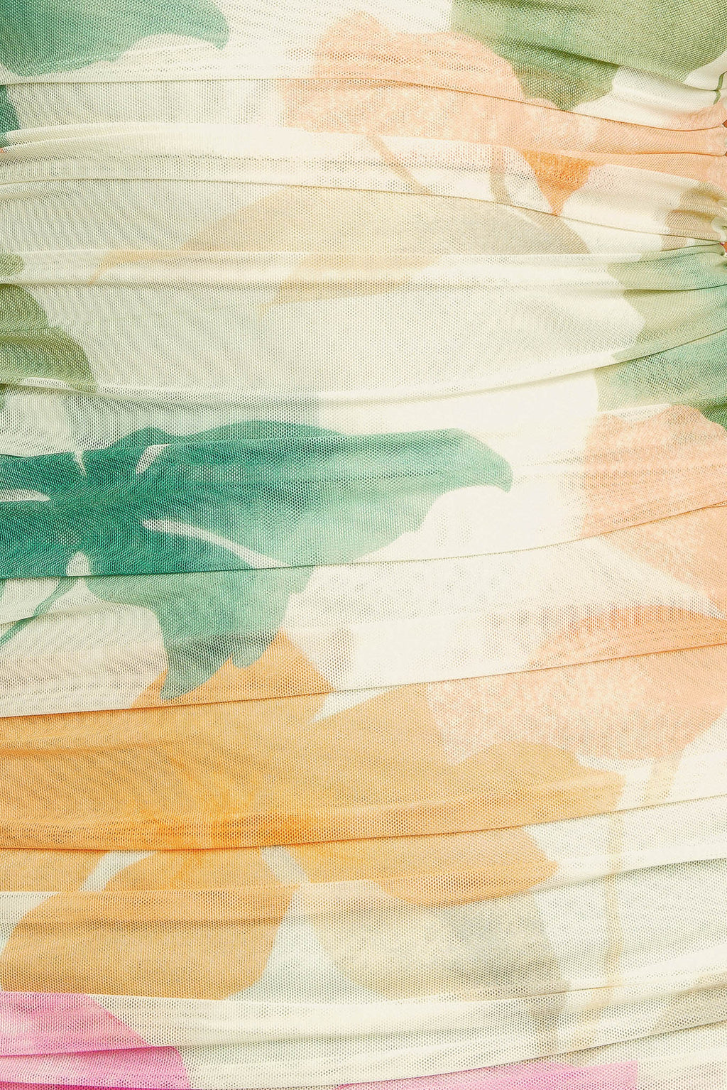 A colorful printed power mesh midi dress featuring tubular neckline, sleeveless, shirred side, body contouring and back zipper closure