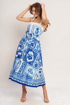 BLUE MAJOLICA CHARM WOVEN MIDI DRESS
