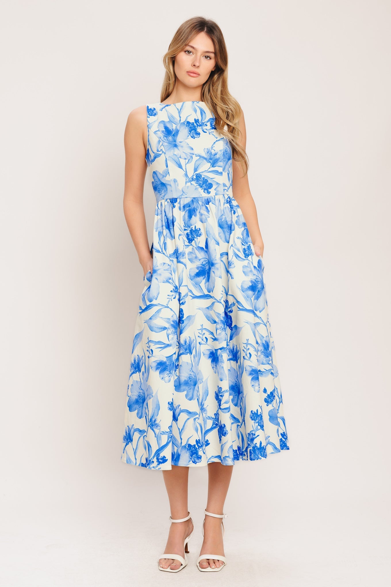 PORCELAIN FLORAL WOVEN MIDI DRESS