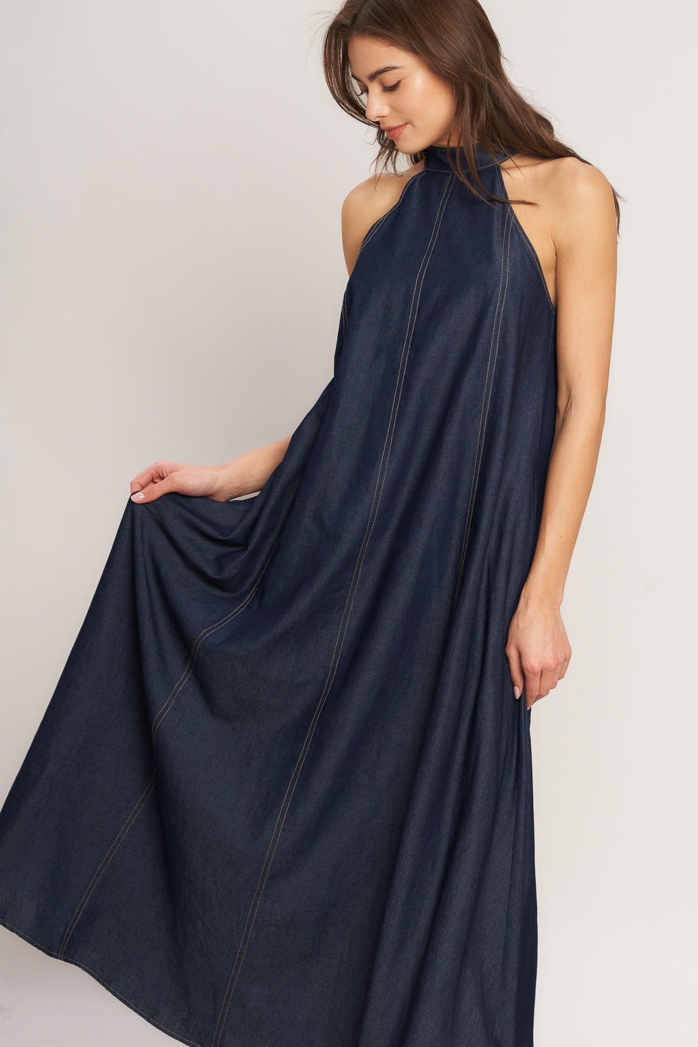 Midnight Flow Woven Midi Halter Dress