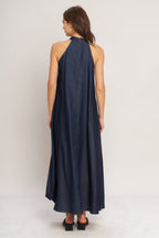 MIDNIGHT FLOW WOVEN MIDI HALTER DRESS
