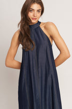 MIDNIGHT FLOW WOVEN MIDI HALTER DRESS