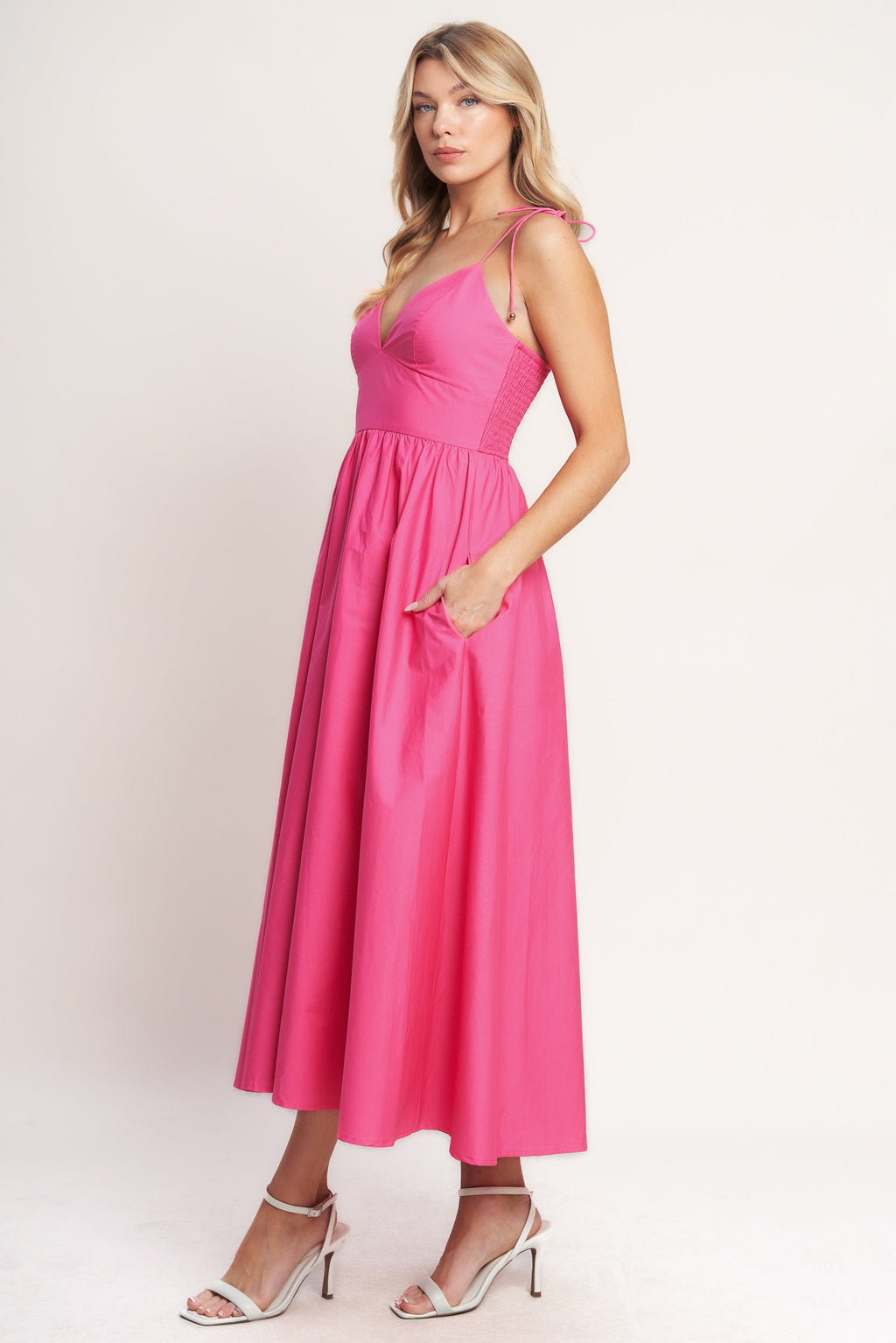 PRETTY IN PINK WOVEN MIDI DRESS