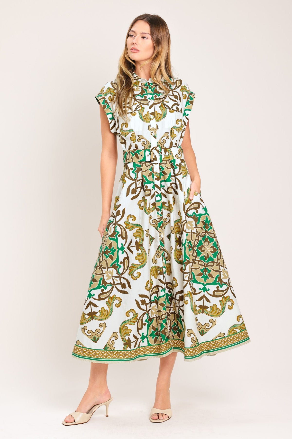 Emerald Ornate Midi Shirt Dress