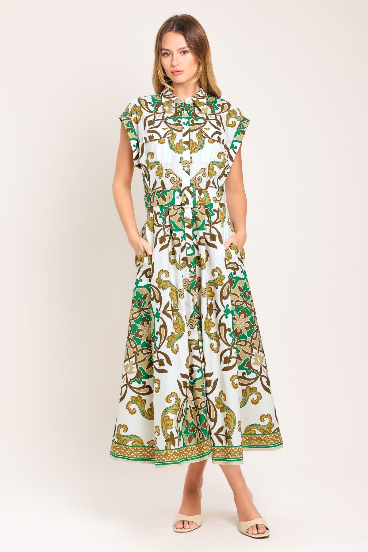Emerald Ornate Midi Shirt Dress