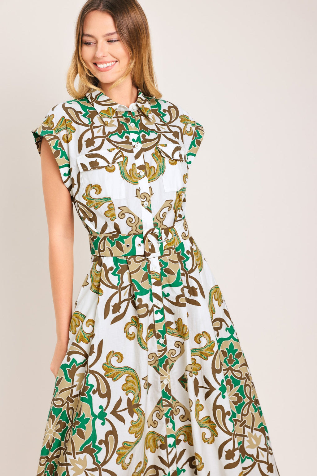 Emerald Ornate Midi Shirt Dress